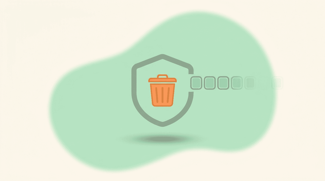 Abstract illustration of a soft shield outline with a small trash icon nested inside, beside fading rounded square icons