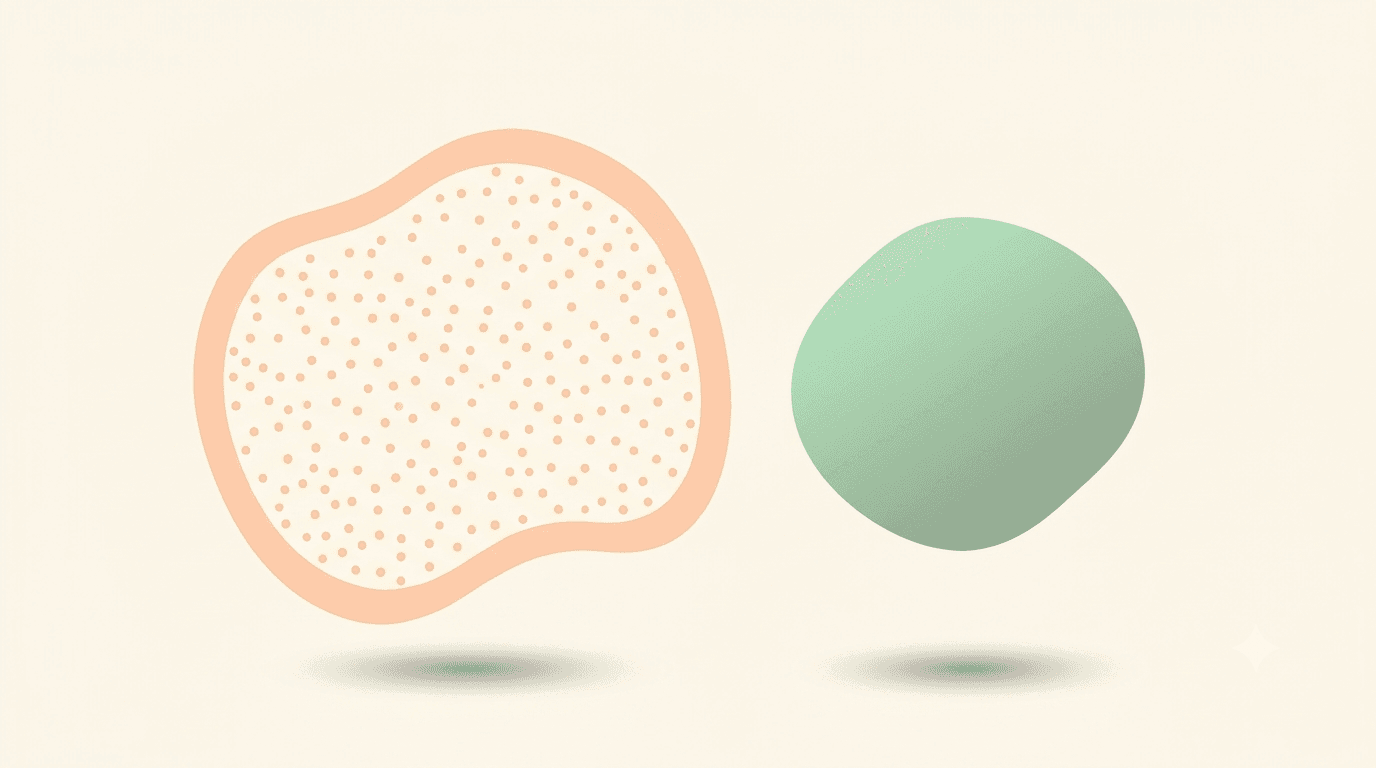 Abstract illustration of two equal-sized soft circles, one light and loosely textured, one dense and solid, representing fat versus muscle density
