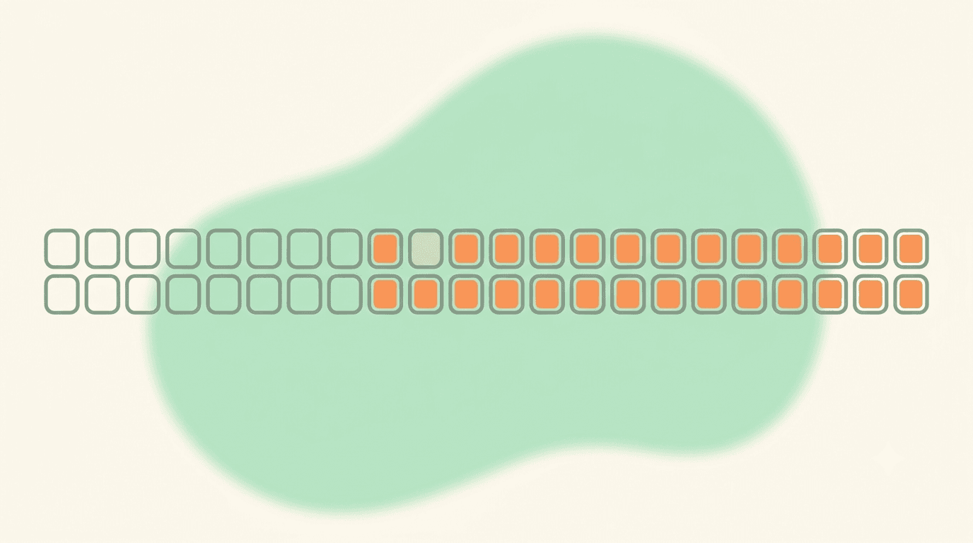 Abstract illustration of small calendar-day squares increasing in filled density from left to right, suggesting building momentum over time