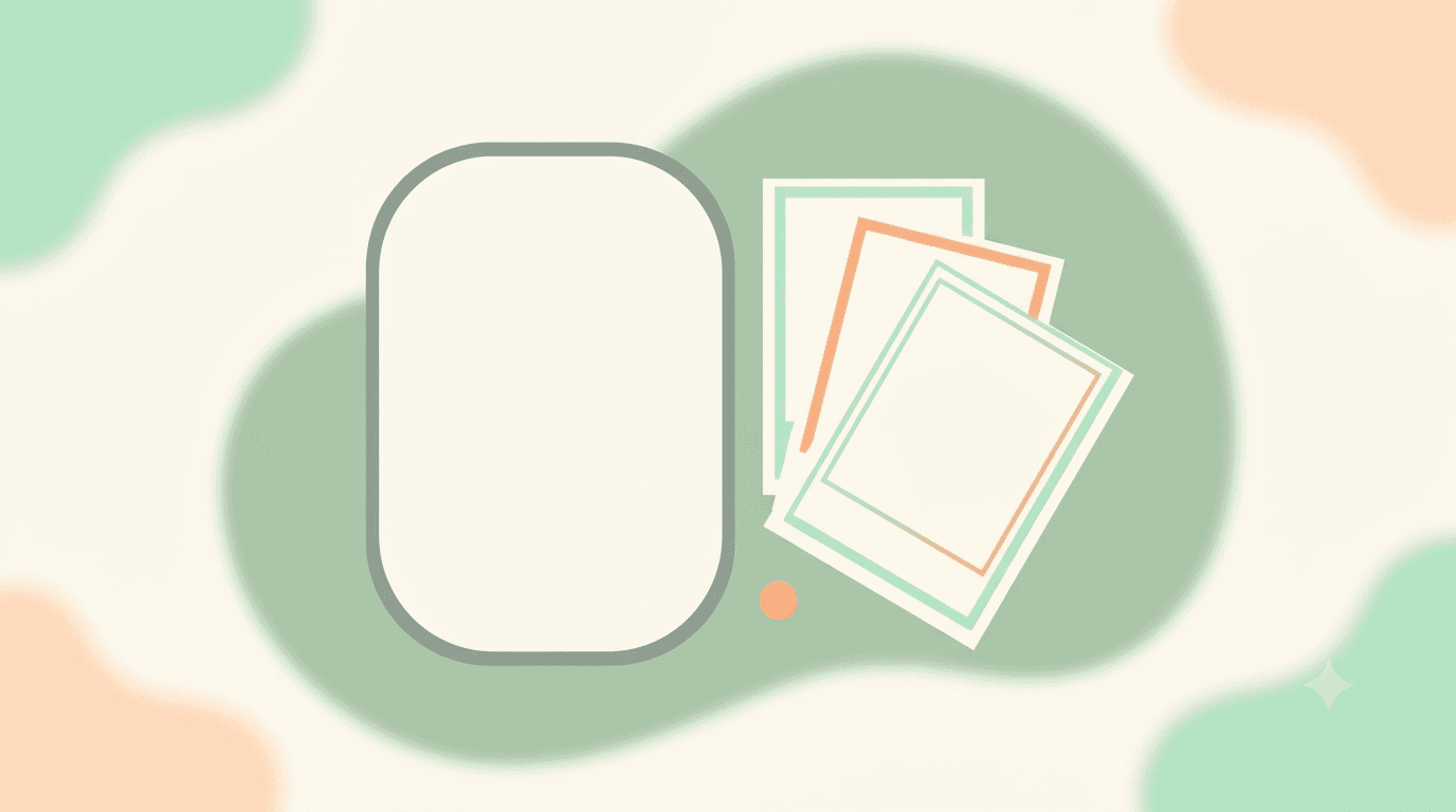 Abstract illustration of an empty mirror outline beside a small fanned stack of photo frames