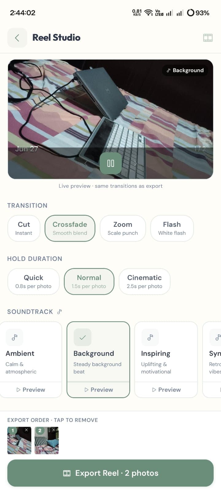 FormSnap progress reel studio with transition and soundtrack controls