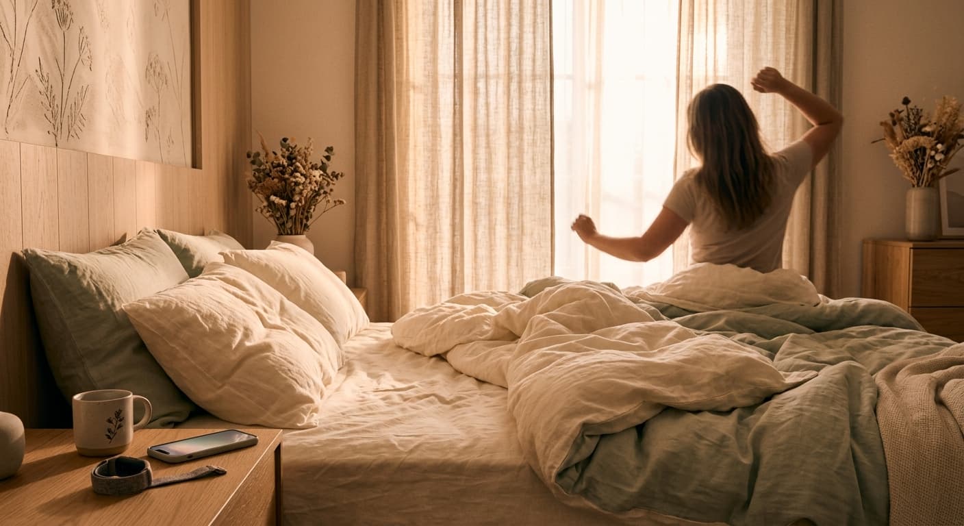 An unmade bed in soft early morning light with a phone resting on the nightstand