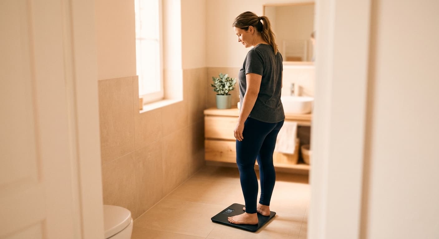 A person standing on a bathroom scale in soft morning light, looking down at the display