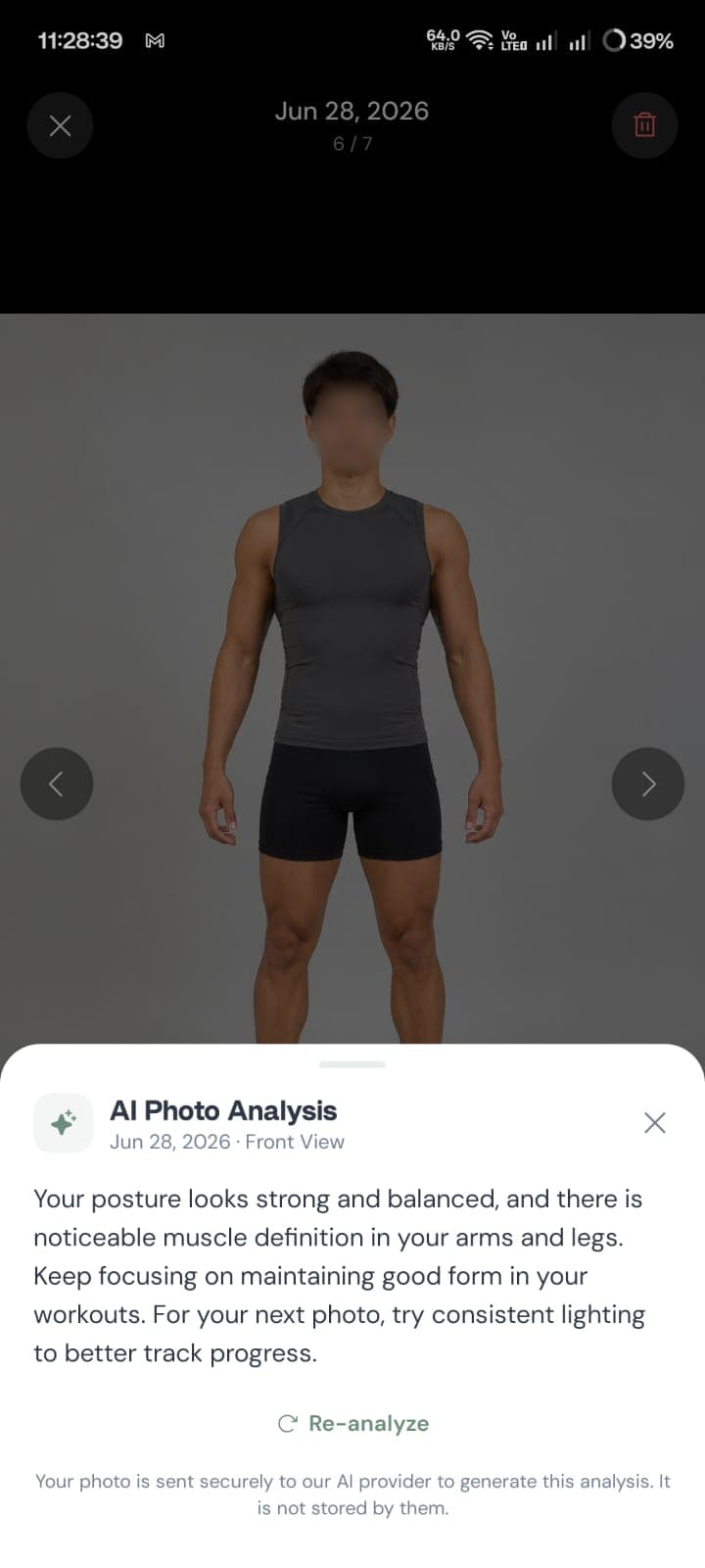 FormSnap AI photo analysis screen with a note that the photo is sent securely to the AI provider and is not stored by them